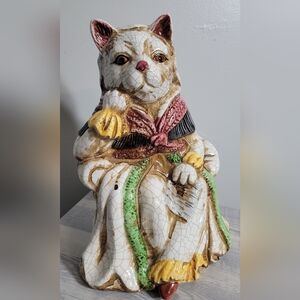 Cat Ceramic Crackle Finish Decorative Figurine 10” Seated Victorian Lady Feline